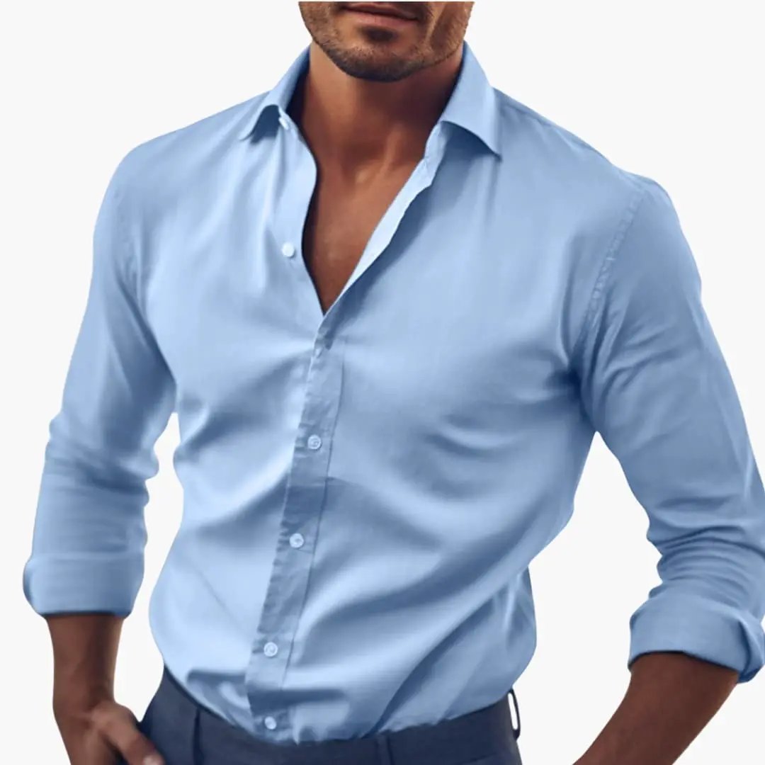 Men's light blue long-sleeve shirt with collar, button-front