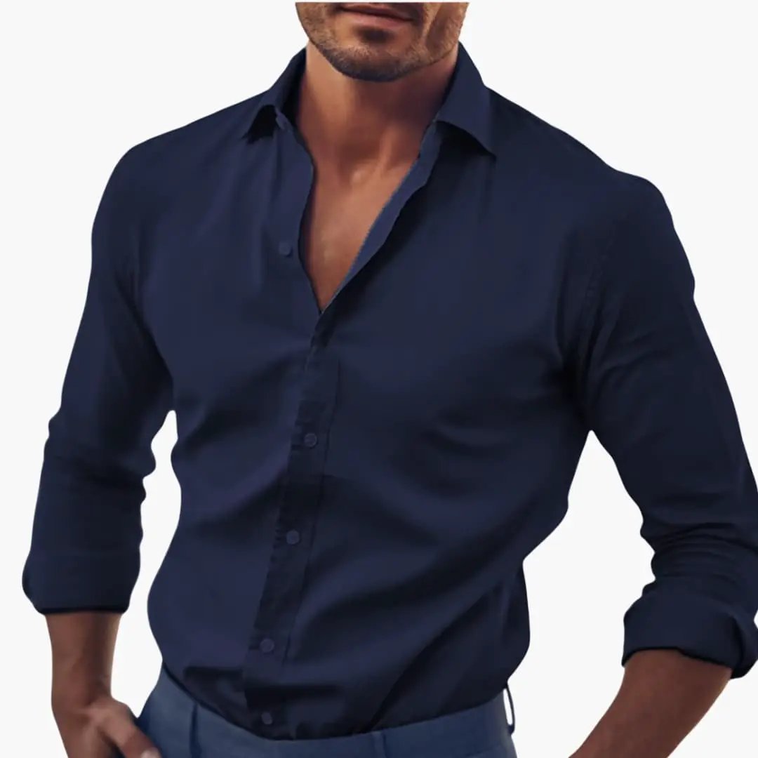 Men's navy long-sleeve collared shirt by Wilfred Smith