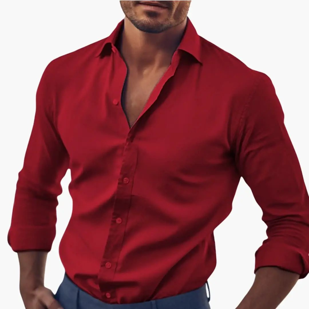 Men's red long-sleeve shirt with collar, button-front, rolled cuffs