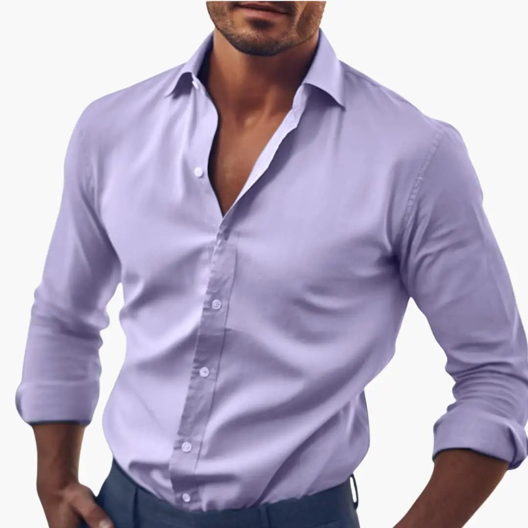 Men's lavender long-sleeve shirt with collar, button-down style