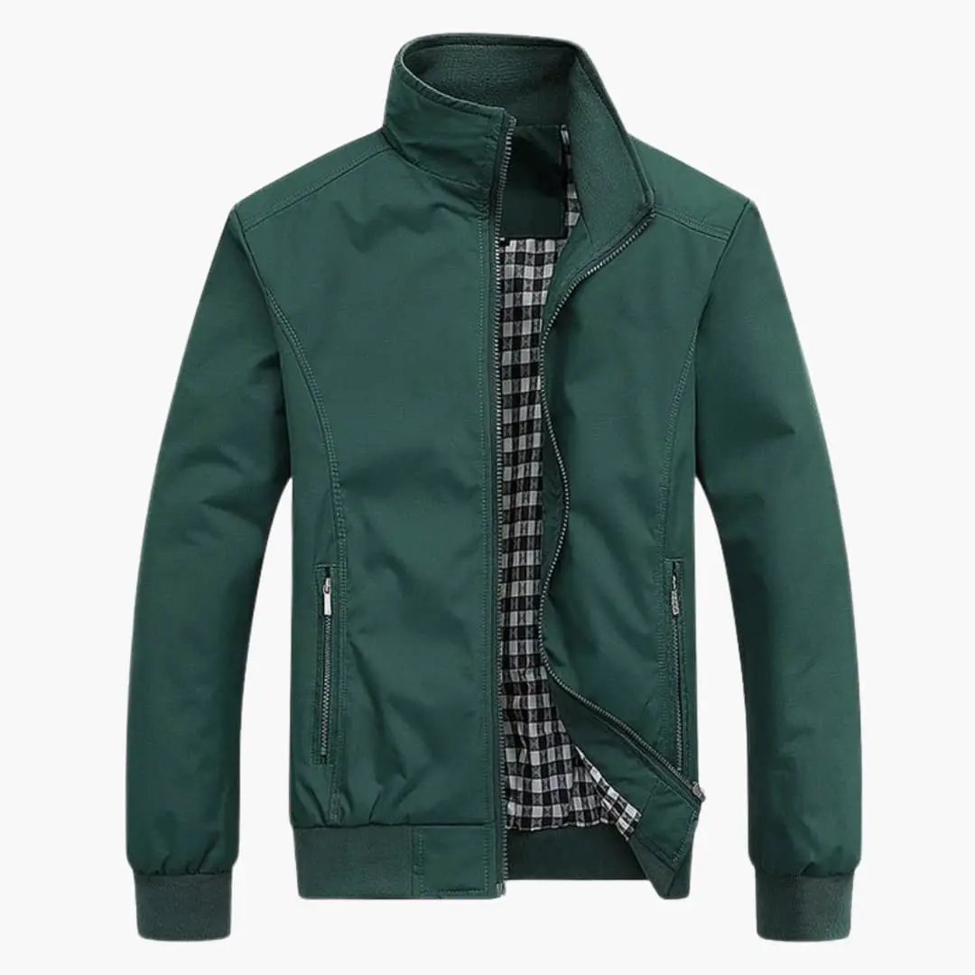 Men's green bomber jacket with collar and front zipper; plaid lining visible inside.