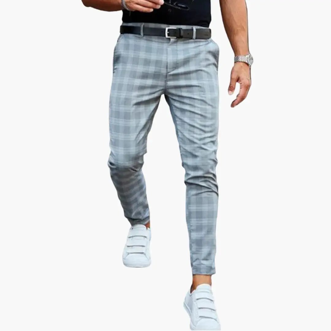 Men's light-blue checked slim-fit trousers with side pockets by Wilfred Smith