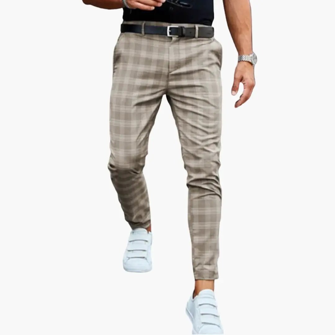 Men's checked slim-fit trousers with side pockets, beige plaid