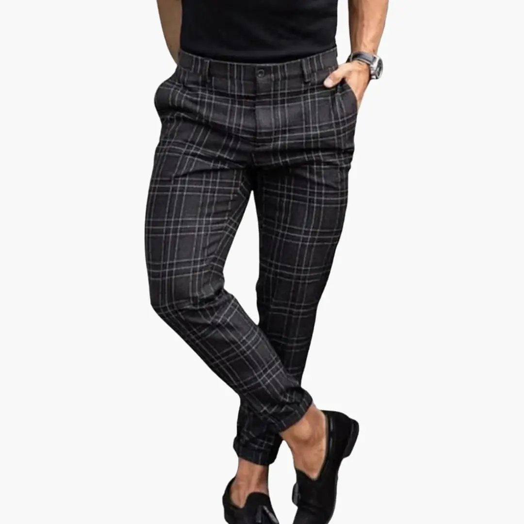 Men's checked trousers with side pockets in charcoal plaid, Wilfred Smith, slim fit.