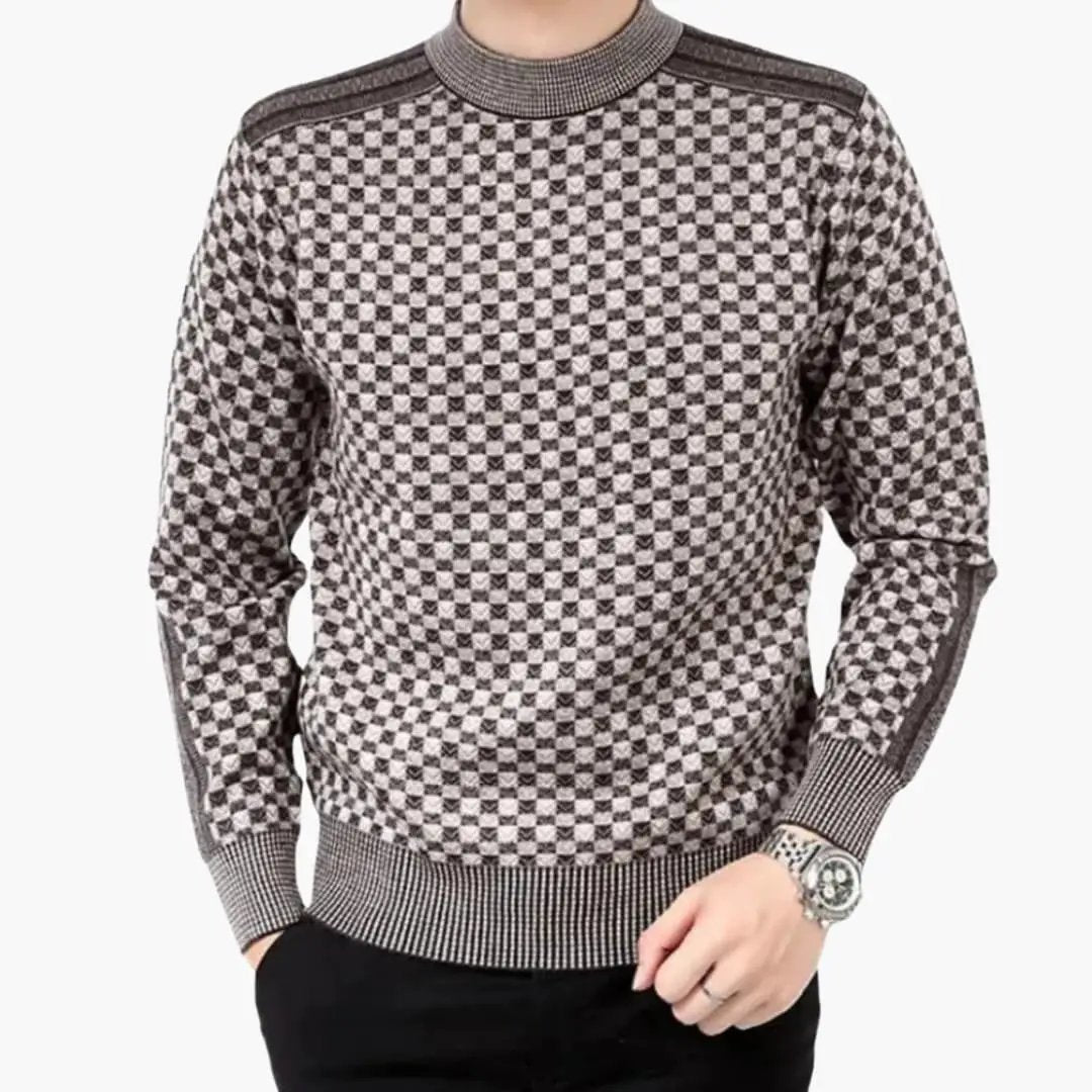 Men's long-sleeve round-neck sweater in gray and black check pattern
