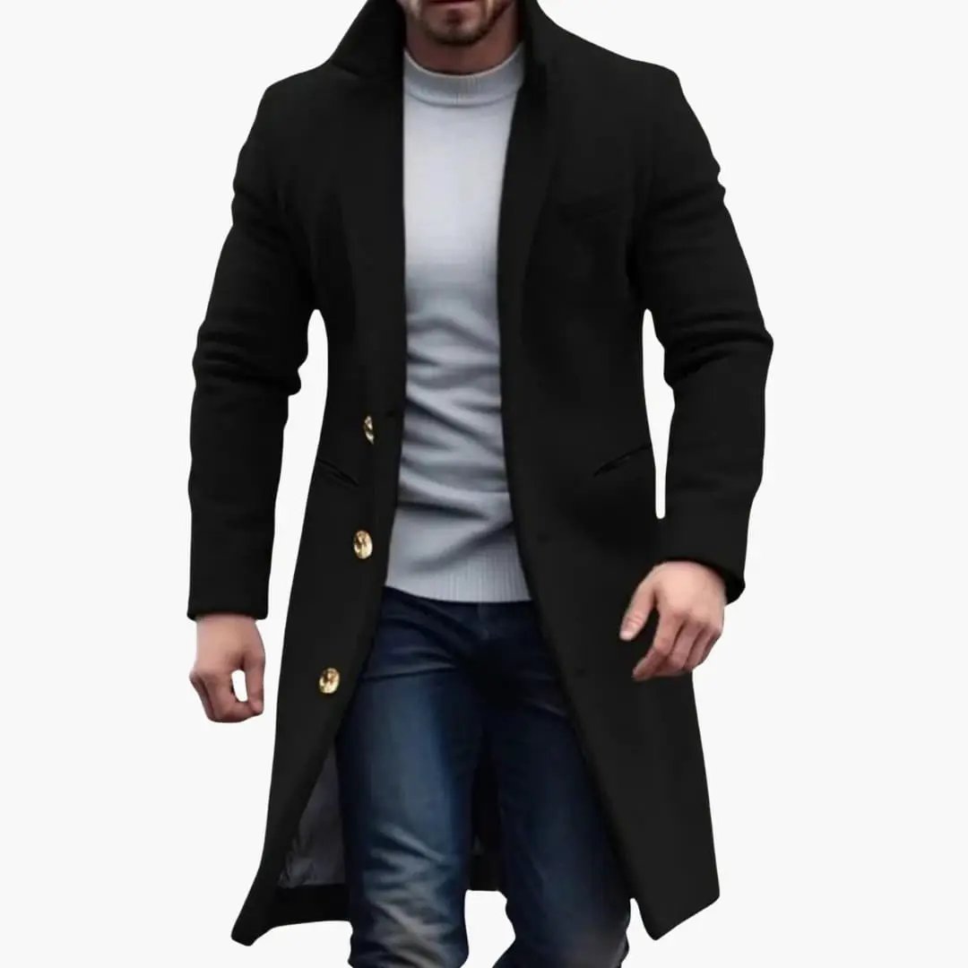 Men's long black coat with gold-button front placket and lapels, Wilfred Smith.
