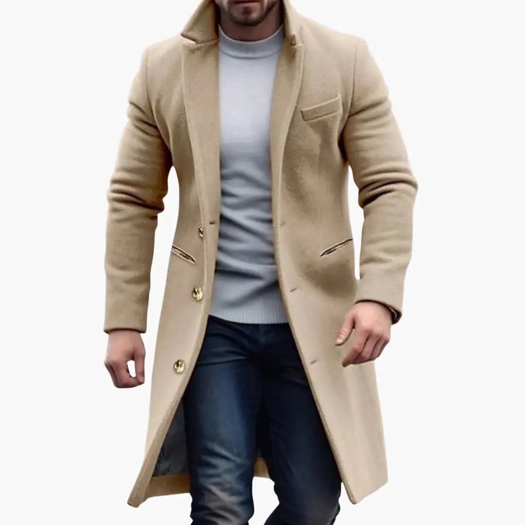 Men's long beige coat with lapel, button placket and pockets