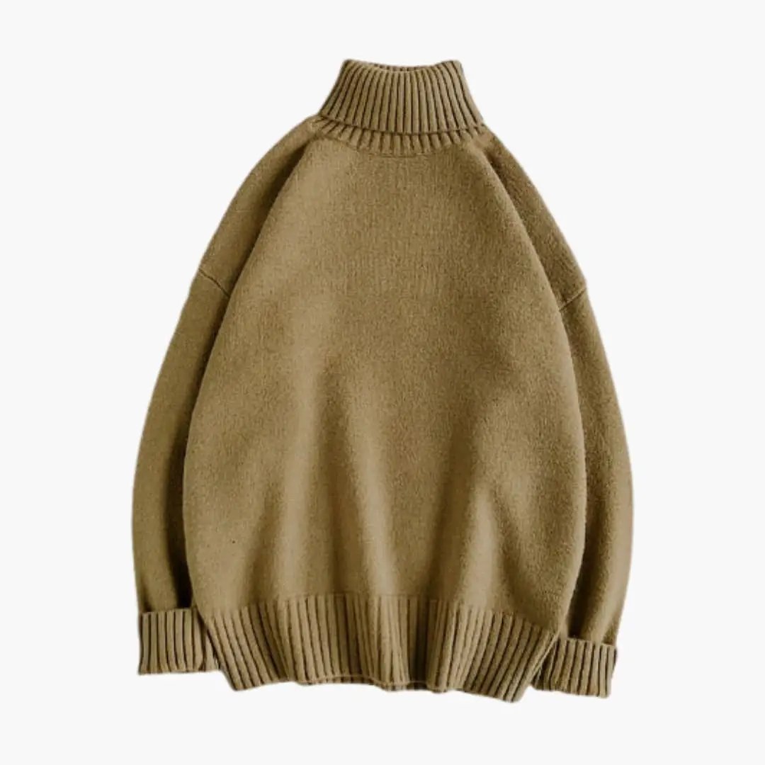 Men's Sweater with Knitted Roll Neck by Wilfred Smith in camel brown knit with ribbed cuffs and hem.