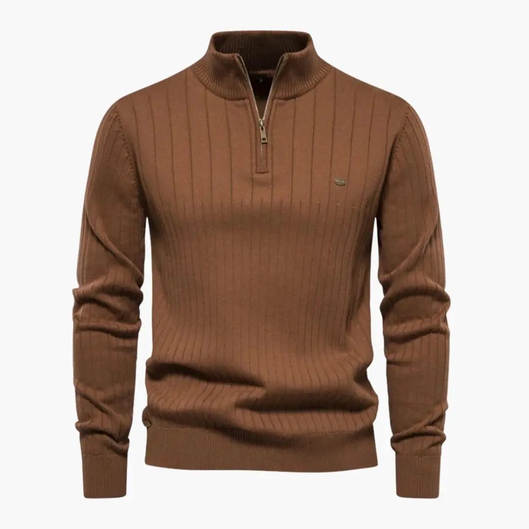 Men's ribbed knit half-zip sweater with stand-up collar in brown by Wilfred Smith