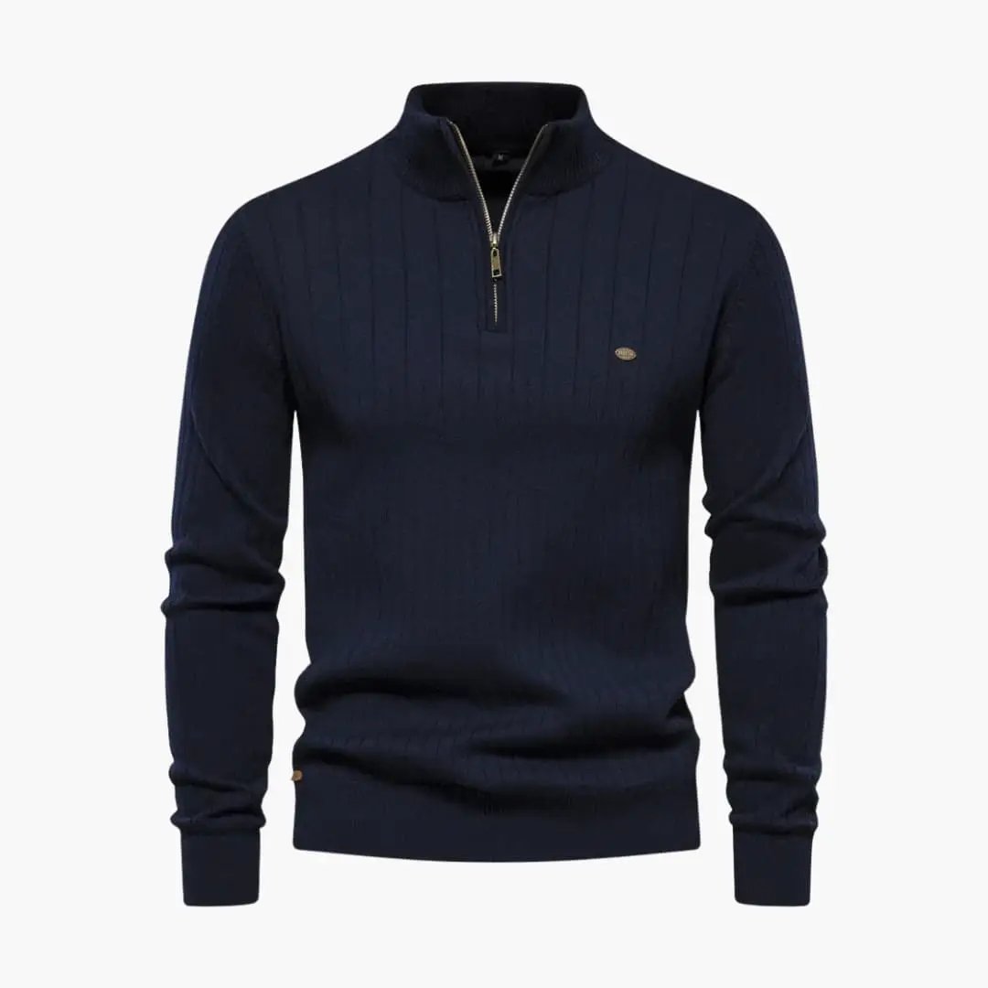 Men's ribbed knit half-zip sweater with stand-up collar, navy, gold-toned logo badge by Wilfred Smith