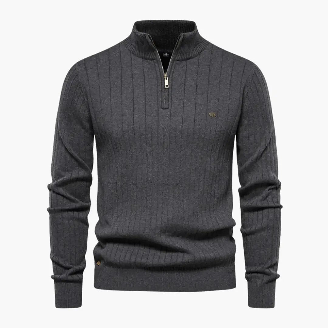 Men's ribbed knit half-zip sweater with stand-up collar in charcoal gray, Wilfred Smith.