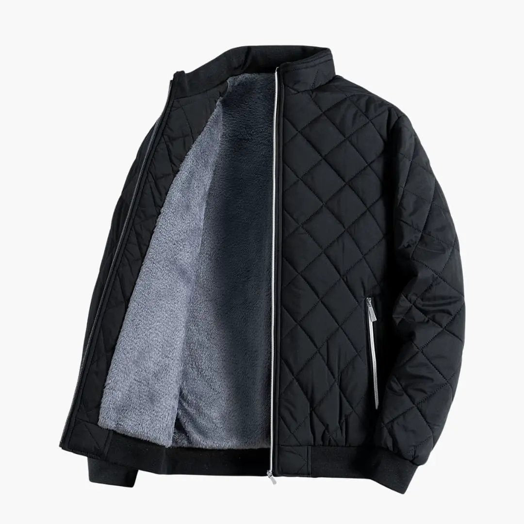 Men's Quilted Jacket, black outer with stand-up collar and zip, grey fleece lining