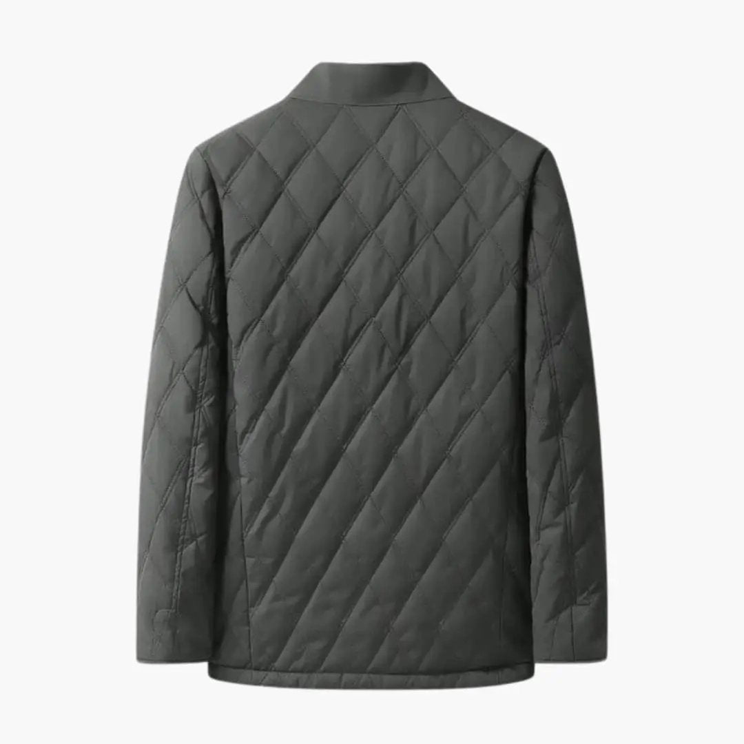 Men's quilted jacket with lapel collar in dark gray, diagonal quilted pattern.