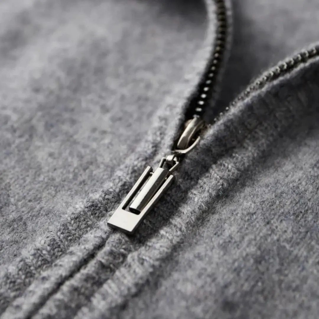 Men's zip-up cardigan with ribbed collar in grey fabric.