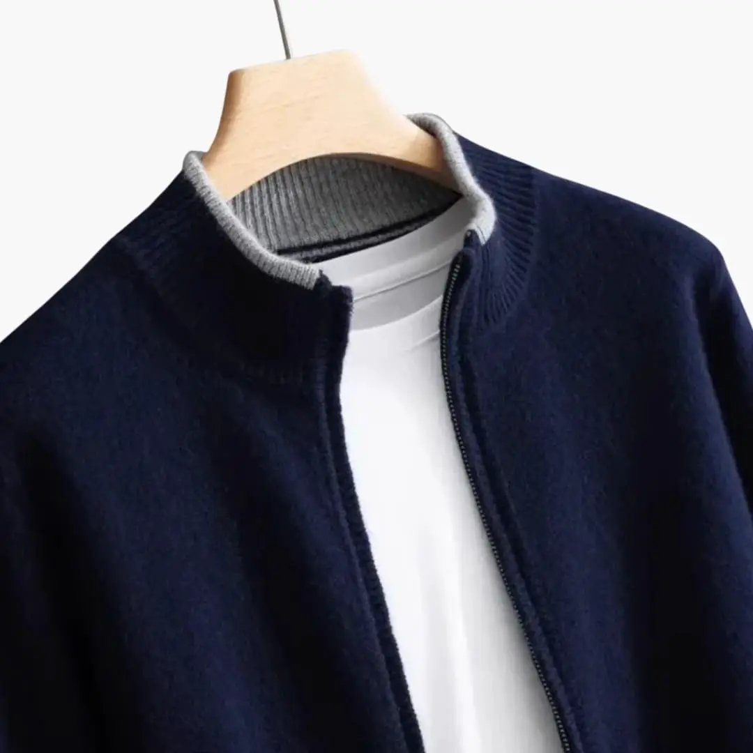 Men's navy zip-up cardigan with gray ribbed collar by Wilfred Smith