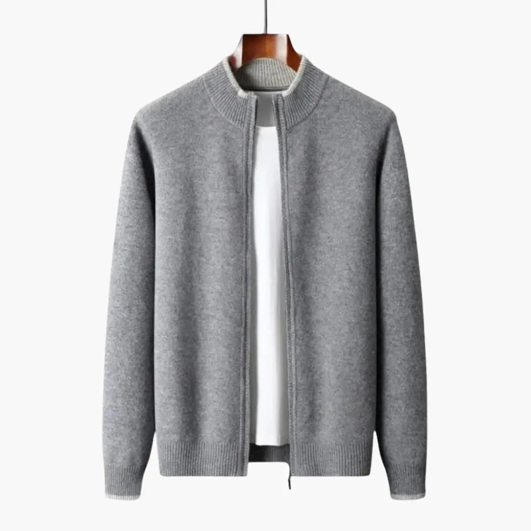 Men's gray zip-up cardigan with ribbed collar, cuffs and hem on a hanger.
