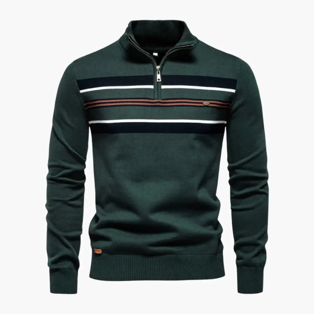 Men's knit pullover with half-zip collar and chest stripes in navy, white, and orange on dark green.