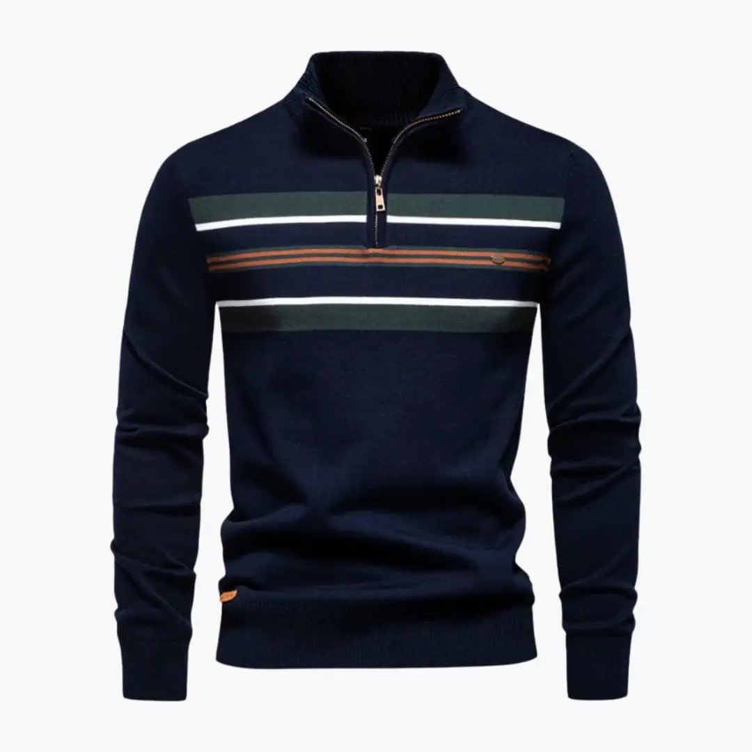 Men's navy knit sweater with half-zip collar and chest stripes in green, white, and brown by Wilfred Smith