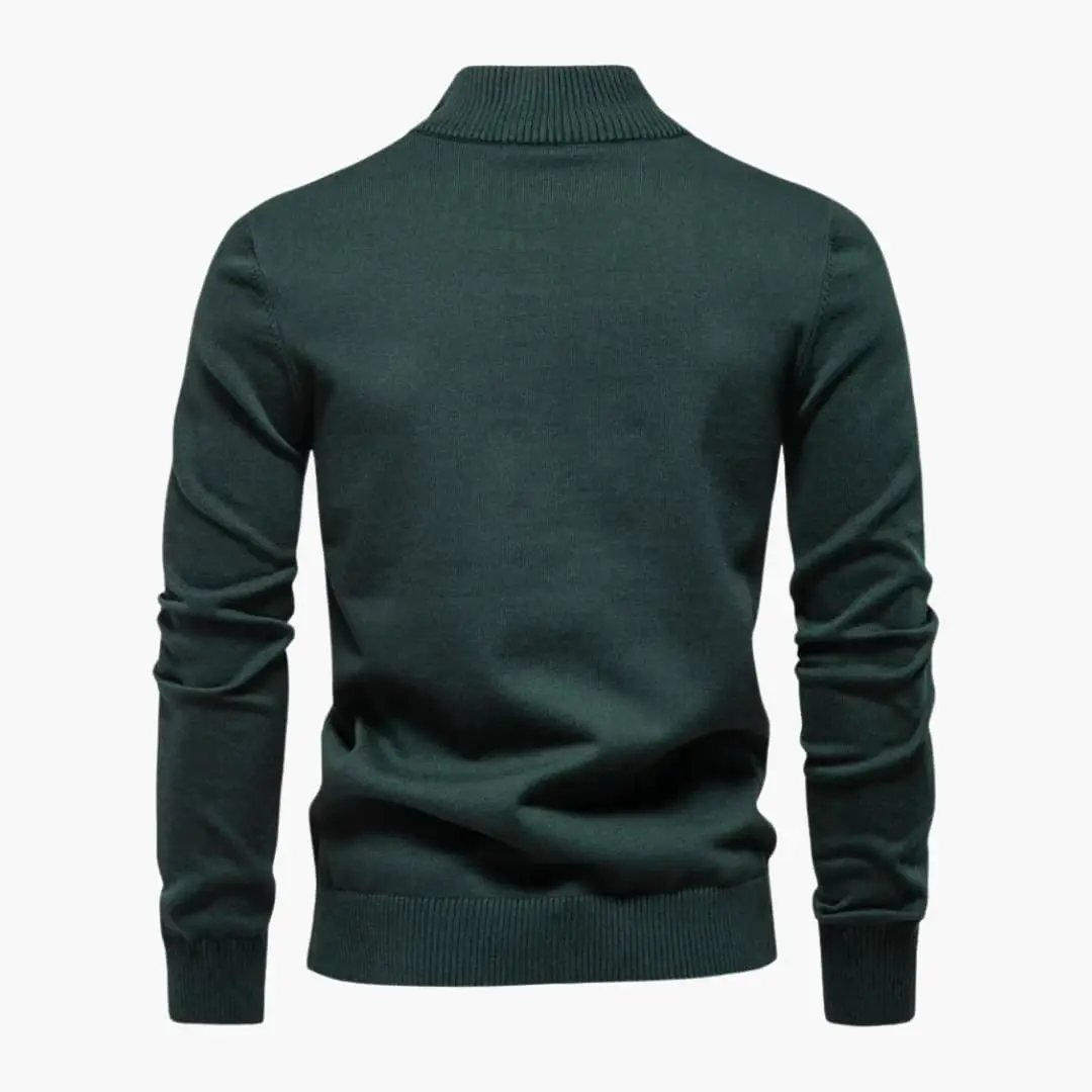 Men's knit sweater in dark green with ribbed collar, cuffs and hem (back view)