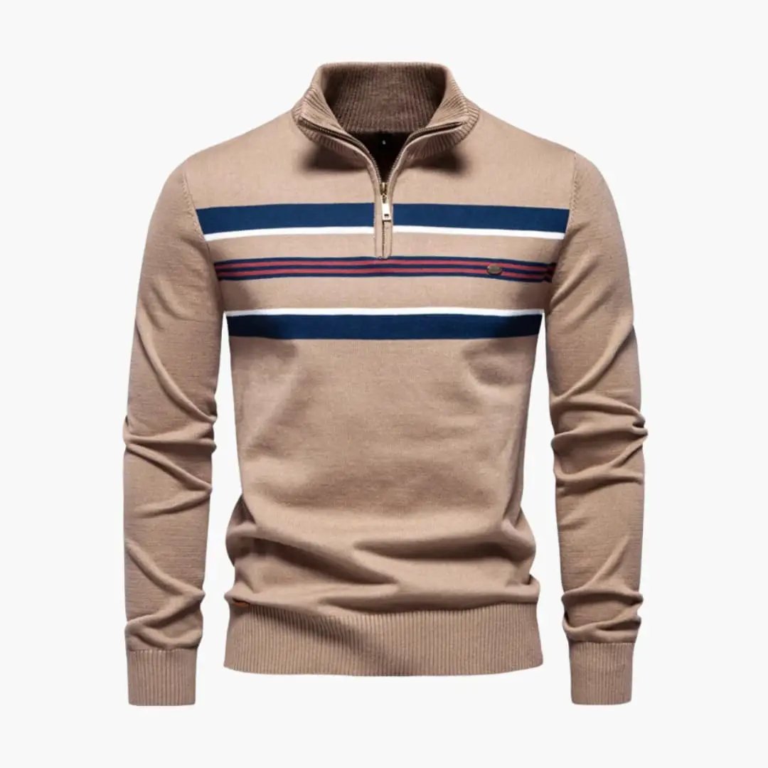 Men's knit sweater by Wilfred Smith with half-zip collar on tan knit, chest navy-white-red stripes
