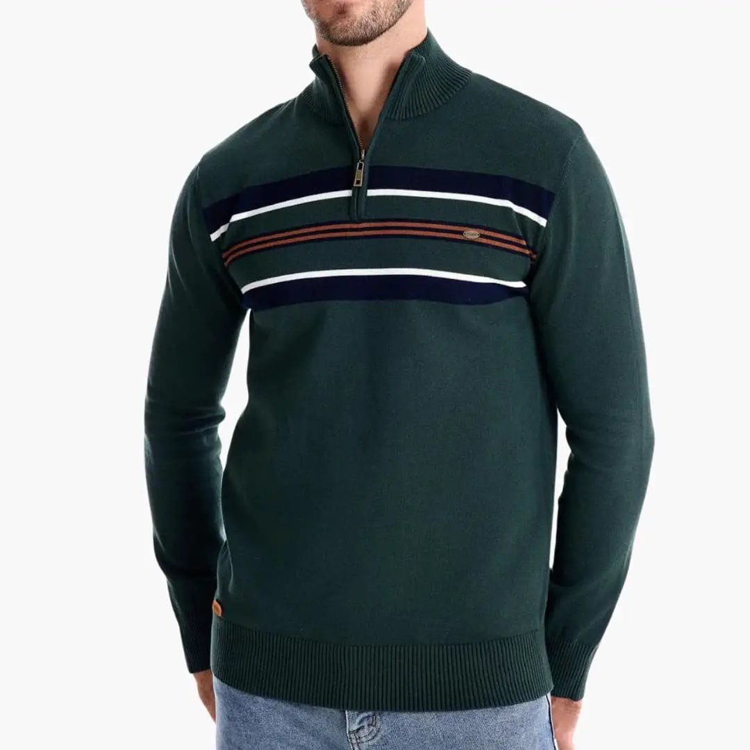 Men's knit sweater with half-zip and chest stripes in dark green, Wilfred Smith