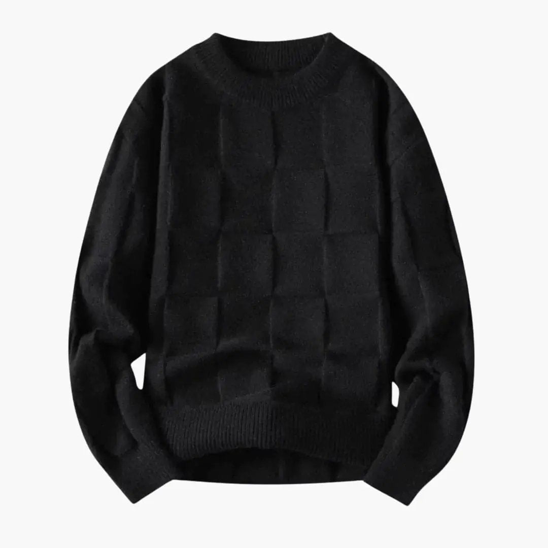 Men's knit sweater with check pattern in black by Wilfred Smith