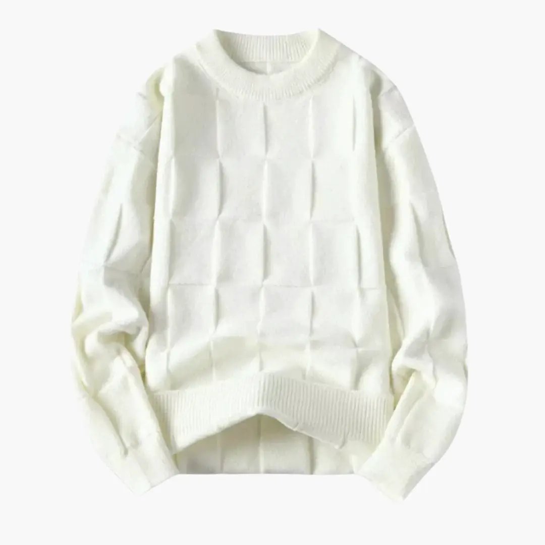 Men's knit sweater with check pattern in white by Wilfred Smith