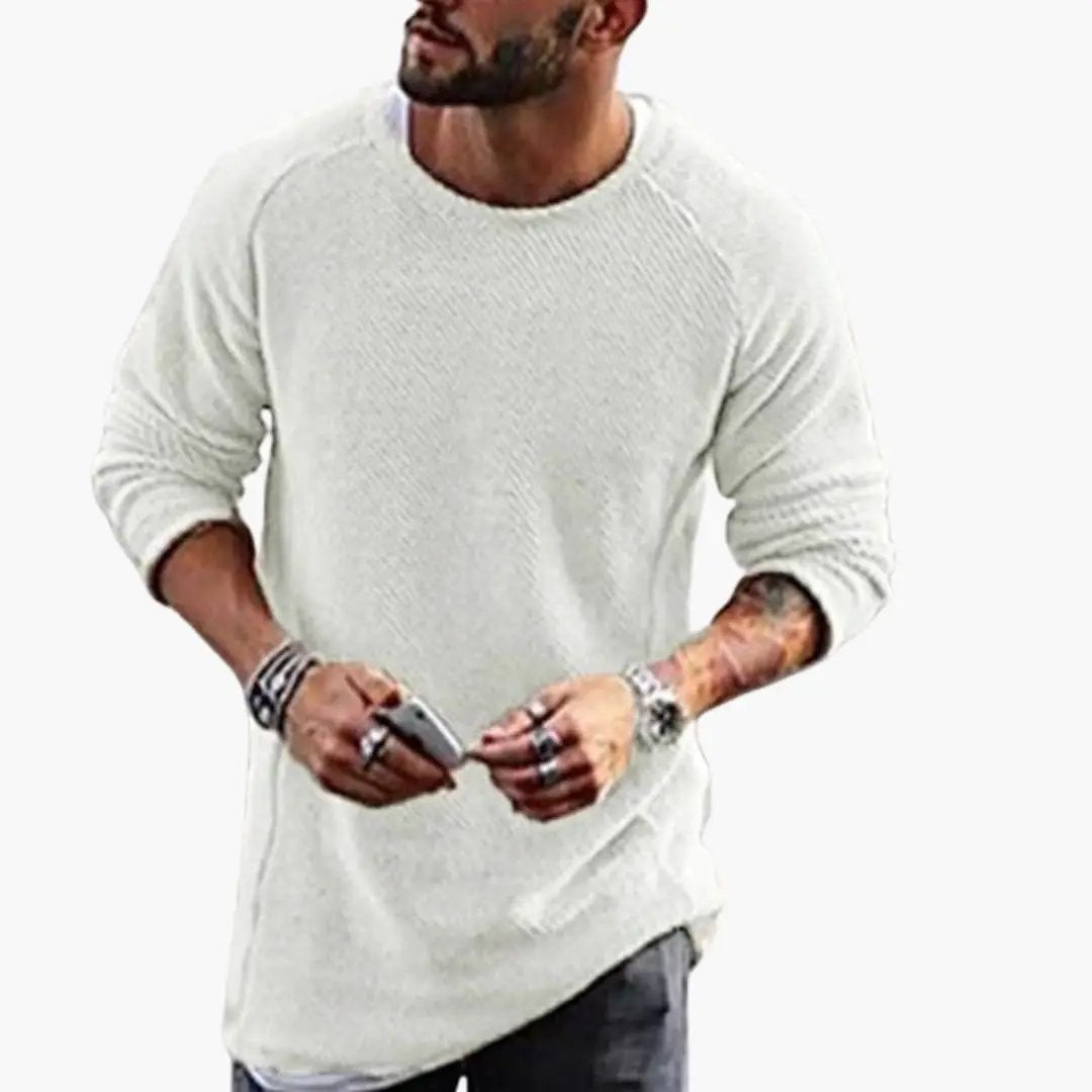 Men's knitted sweater, light gray crew neck with ribbed cuffs