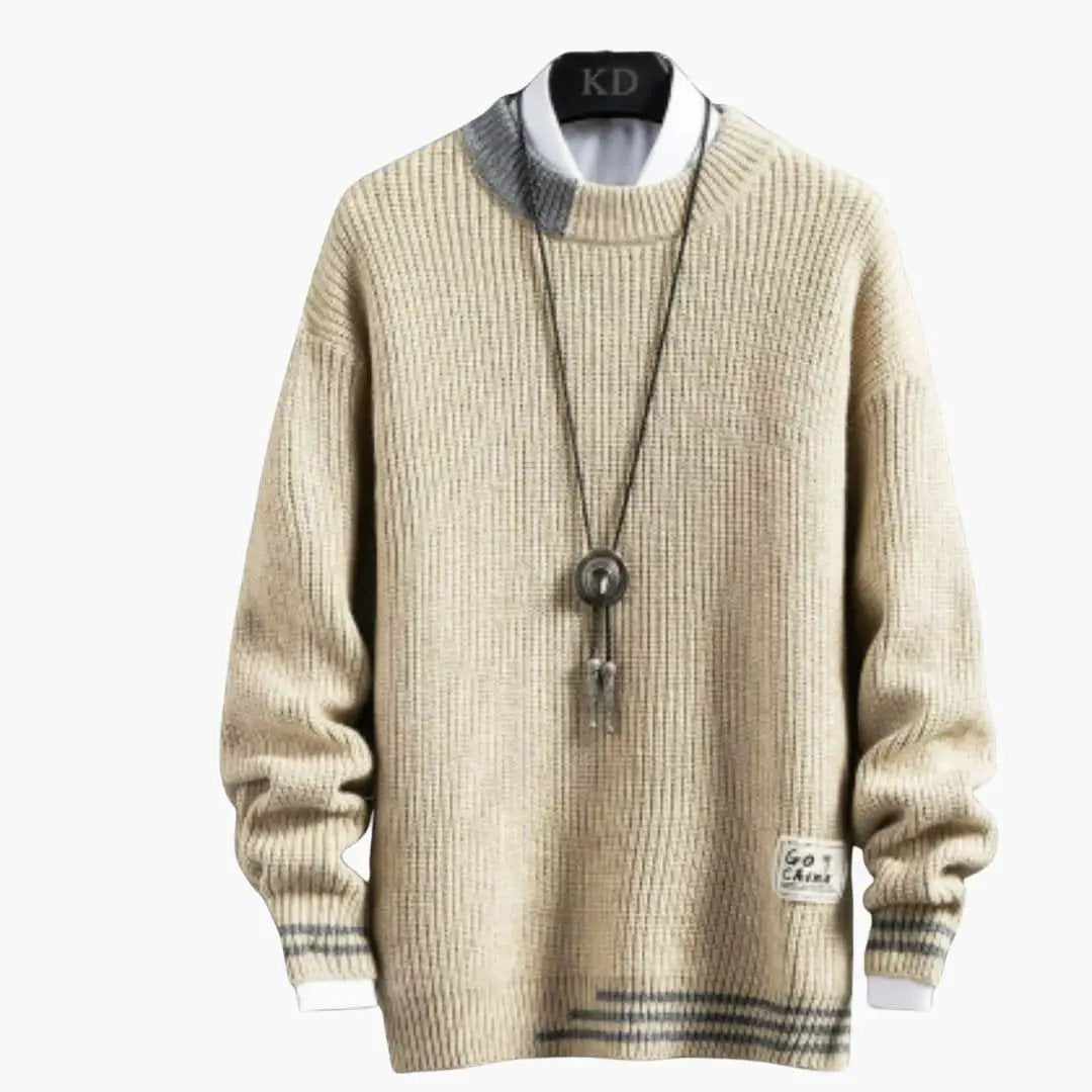 Men's beige knit sweater with crew neck and ribbed hem and cuffs.