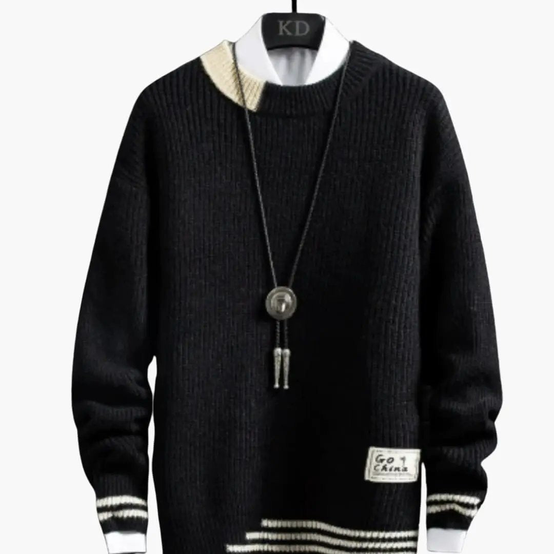 Men's black knit sweater with crew neck and ribbed hem, white striped cuffs
