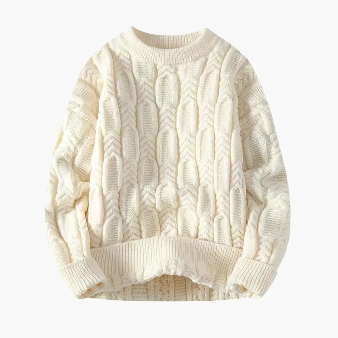 Men's cream cable-knit sweater with chunky cable patterns