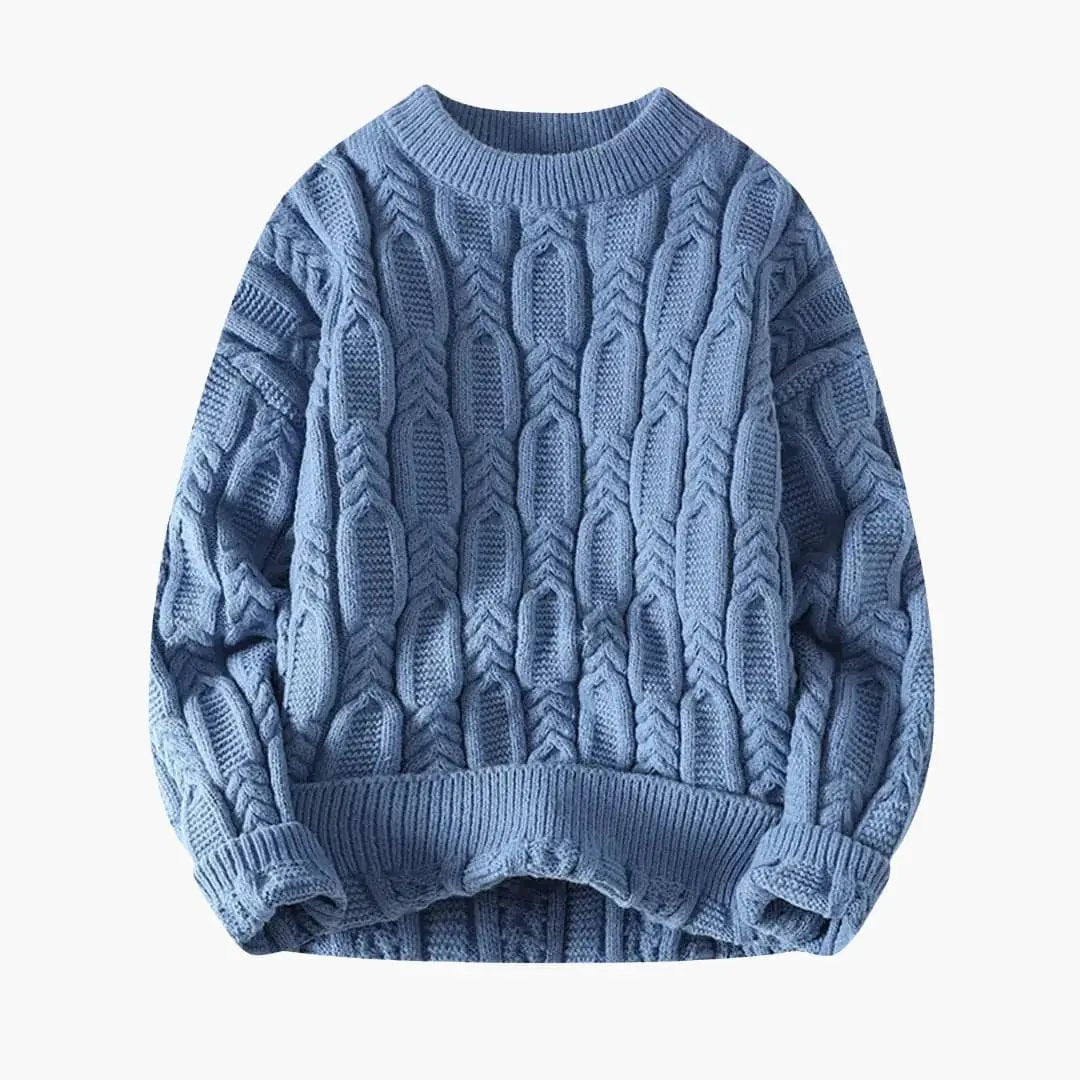 Men's cable knit sweater, blue, chunky cable pattern, ribbed cuffs and hem, Wilfred Smith