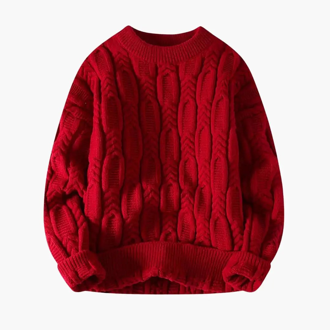 Men's Cable Knit Sweater by Wilfred Smith in red with chunky cable-knit pattern