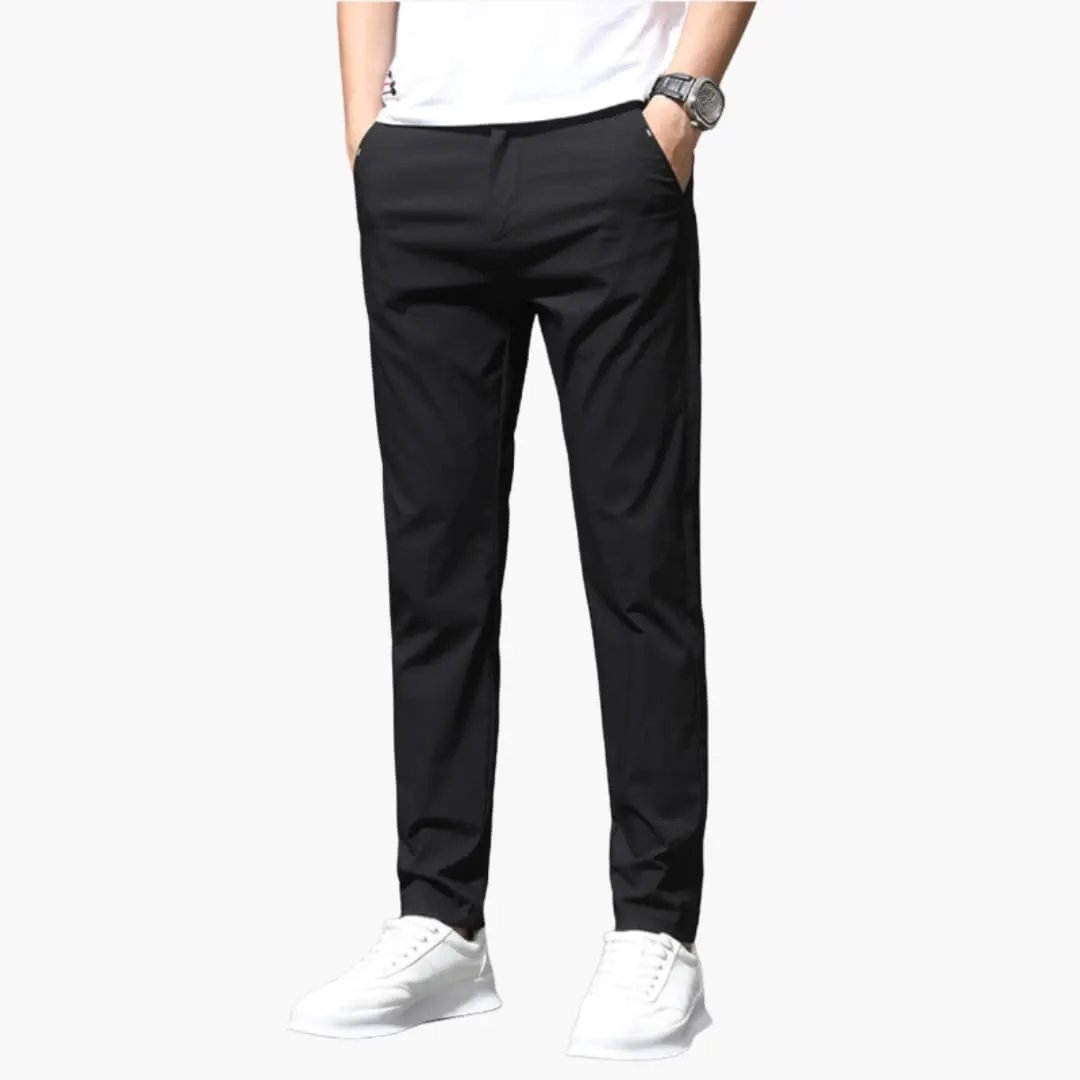 Men's slim-fit pants in black with zipper and side pockets by Wilfred Smith