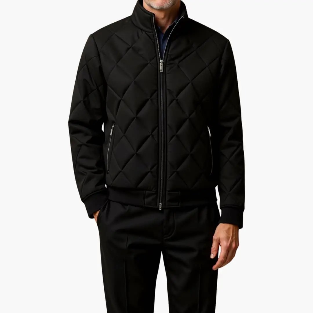 Men's black quilted jacket with full-zip front and diamond-quilt pattern, zip pockets