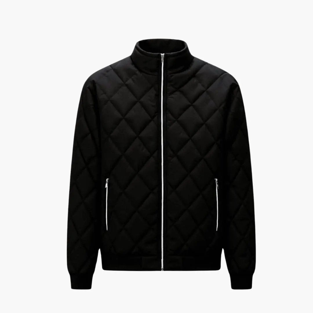 Men's black quilted jacket with front zipper and two zip pockets