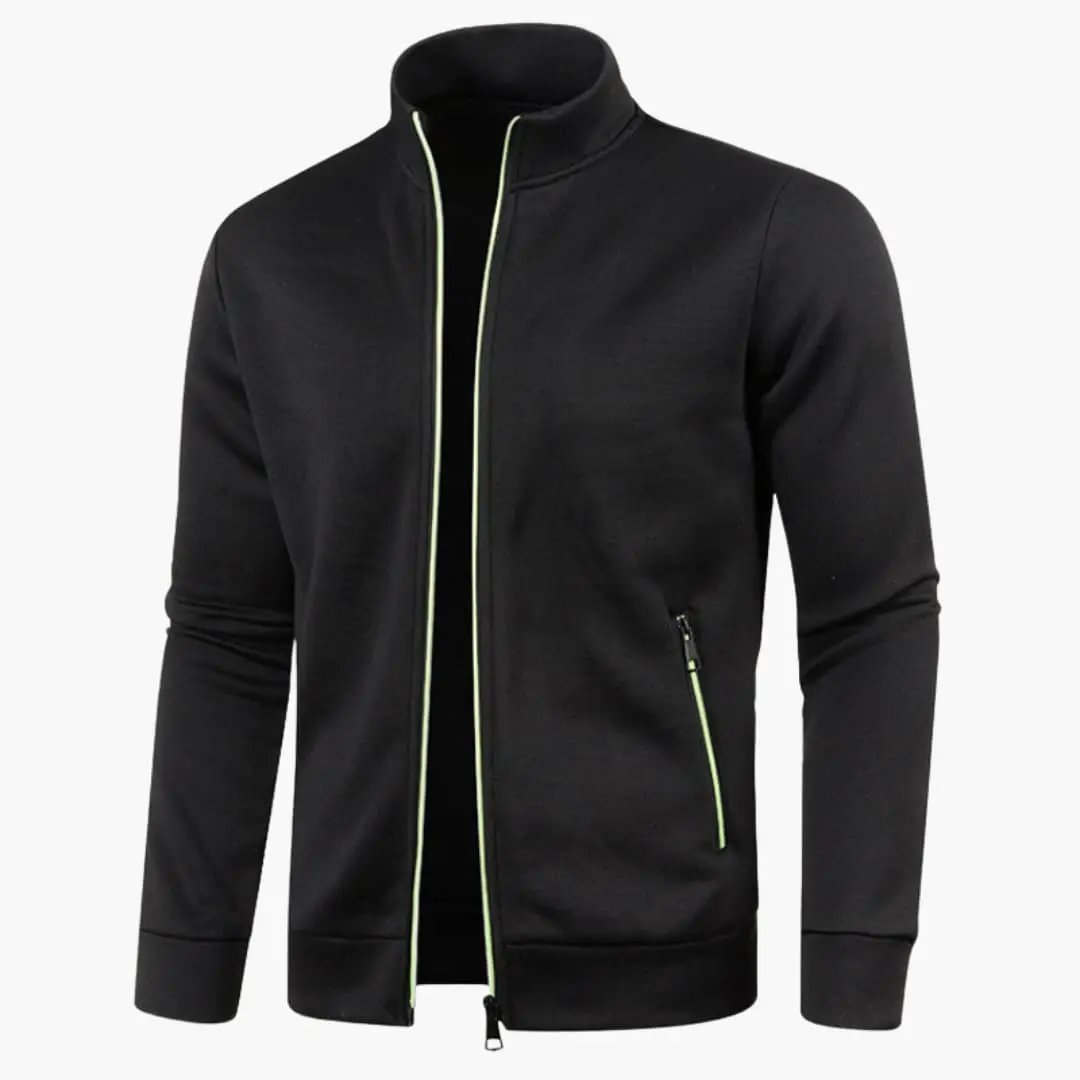 Men's bomber jacket with stand-up collar, black fabric and neon green zipper piping on front and pockets.