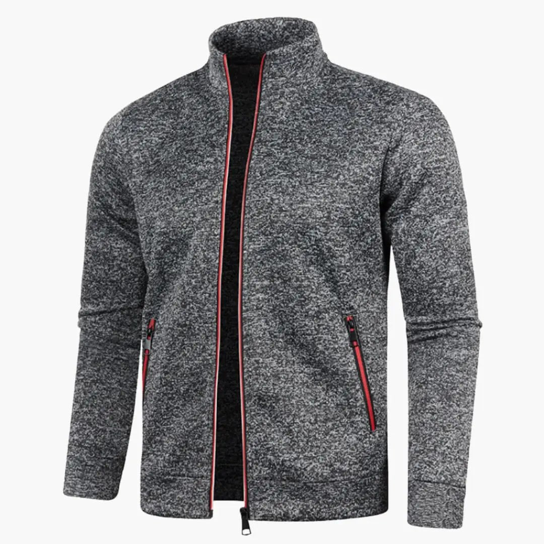 Bomber jacket, grey heather knit with stand-up collar, red zip trim on front and pockets
