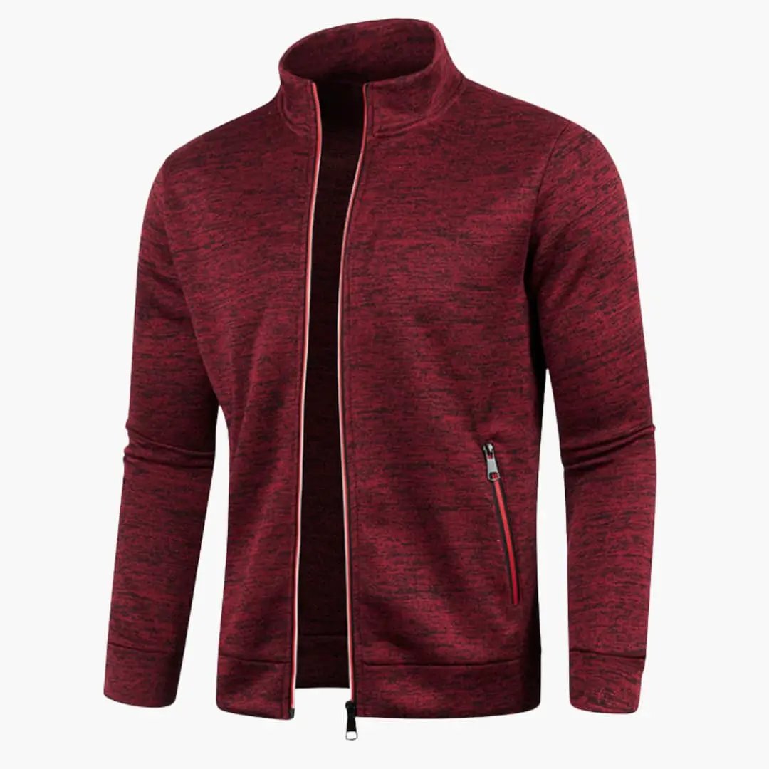 Men's red bomber jacket with stand-up collar and zip pockets