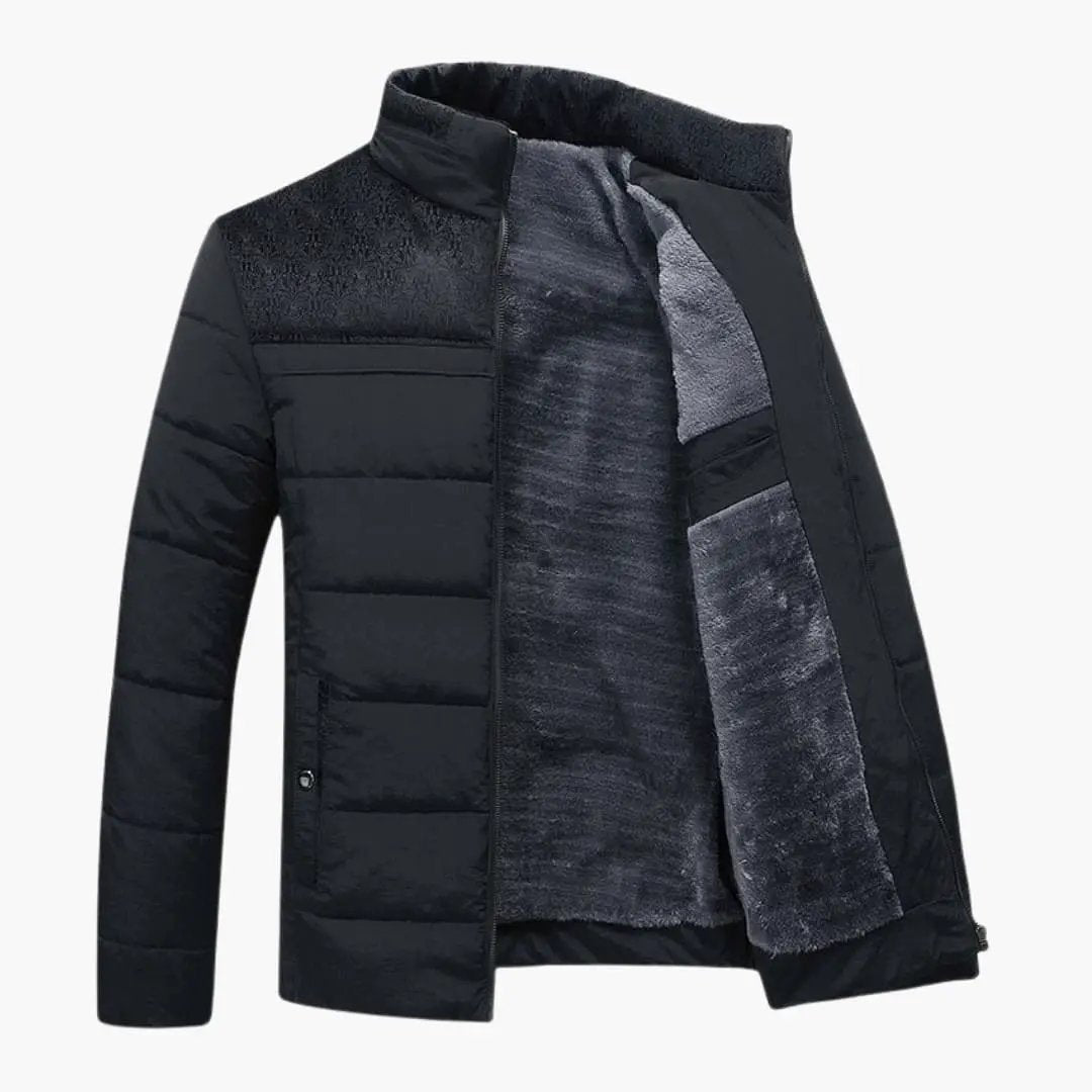 Men's quilted jacket with stand-up collar by Wilfred Smith, black exterior with grey fleece lining