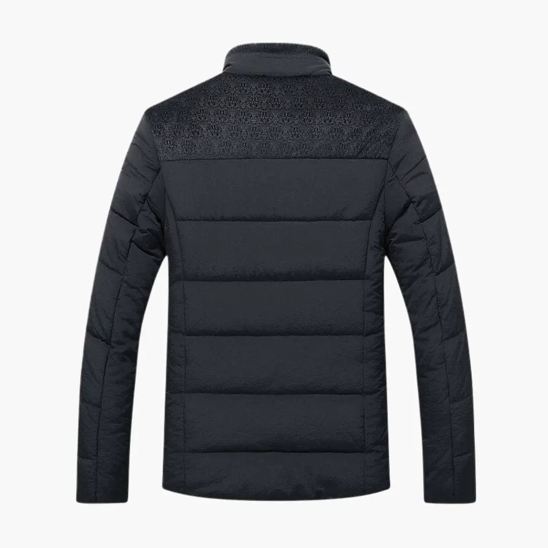 Men's black quilted puffer jacket with stand-up collar, back view