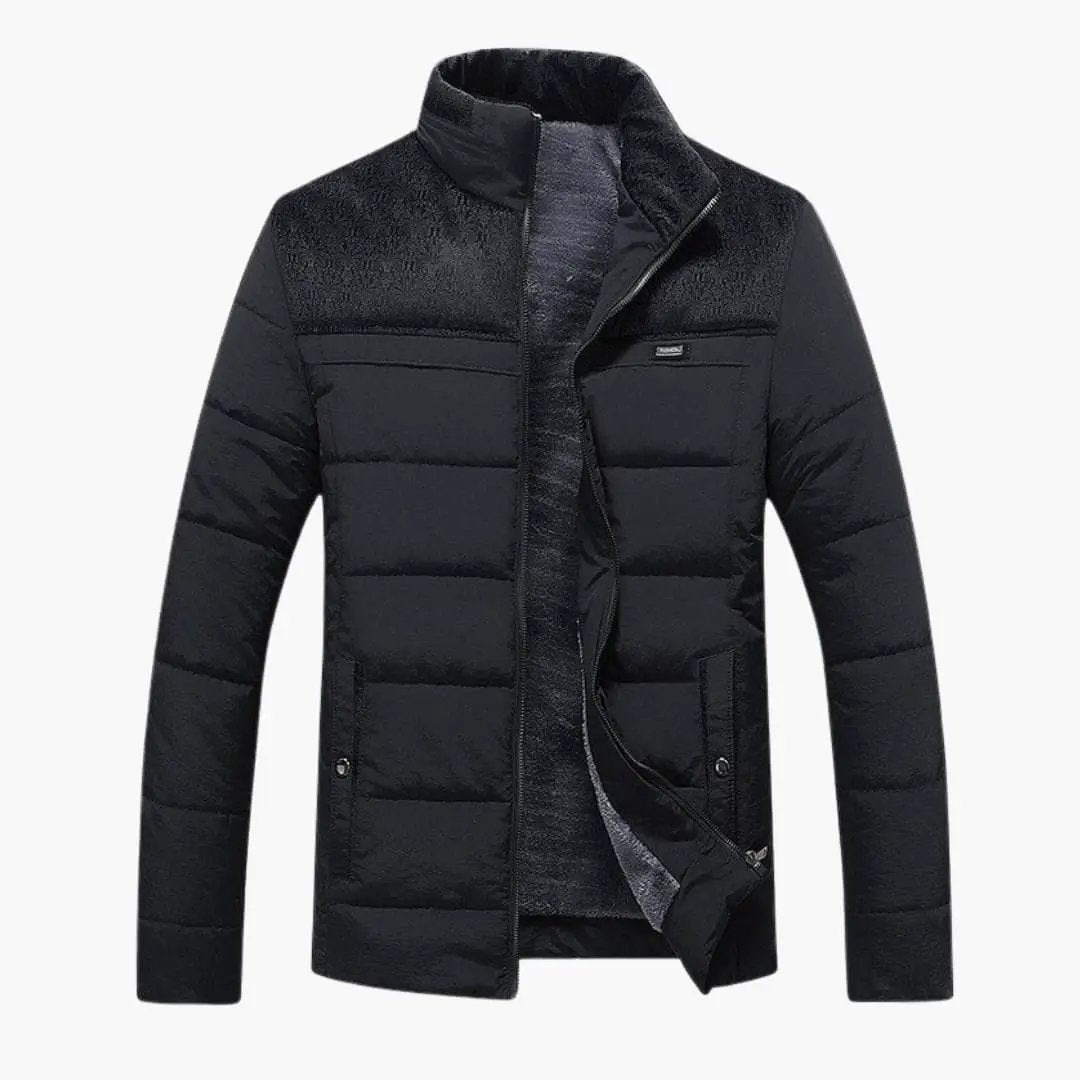 Men's black quilted jacket by Wilfred Smith with stand-up collar