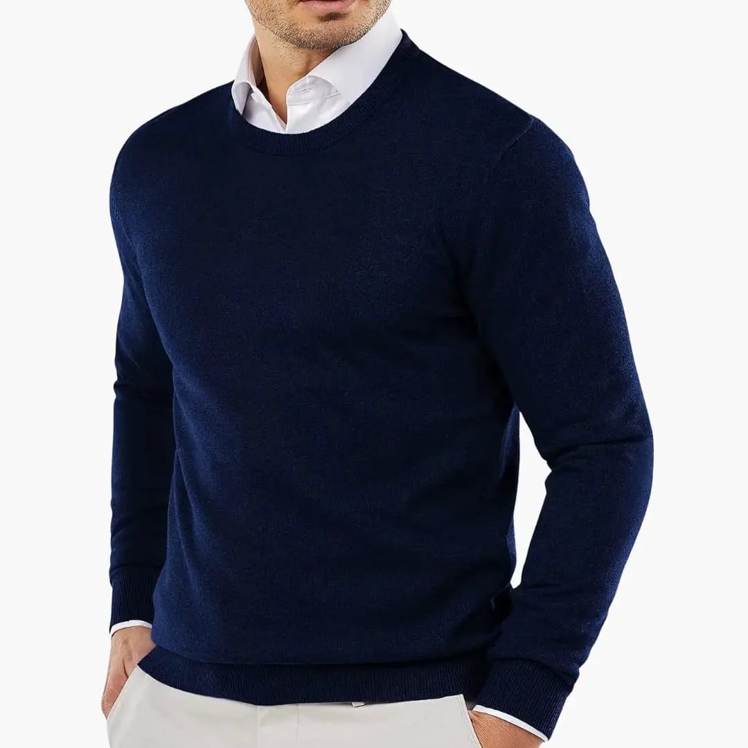Men's navy V-neck knit sweater, long sleeves for smart-casual wear