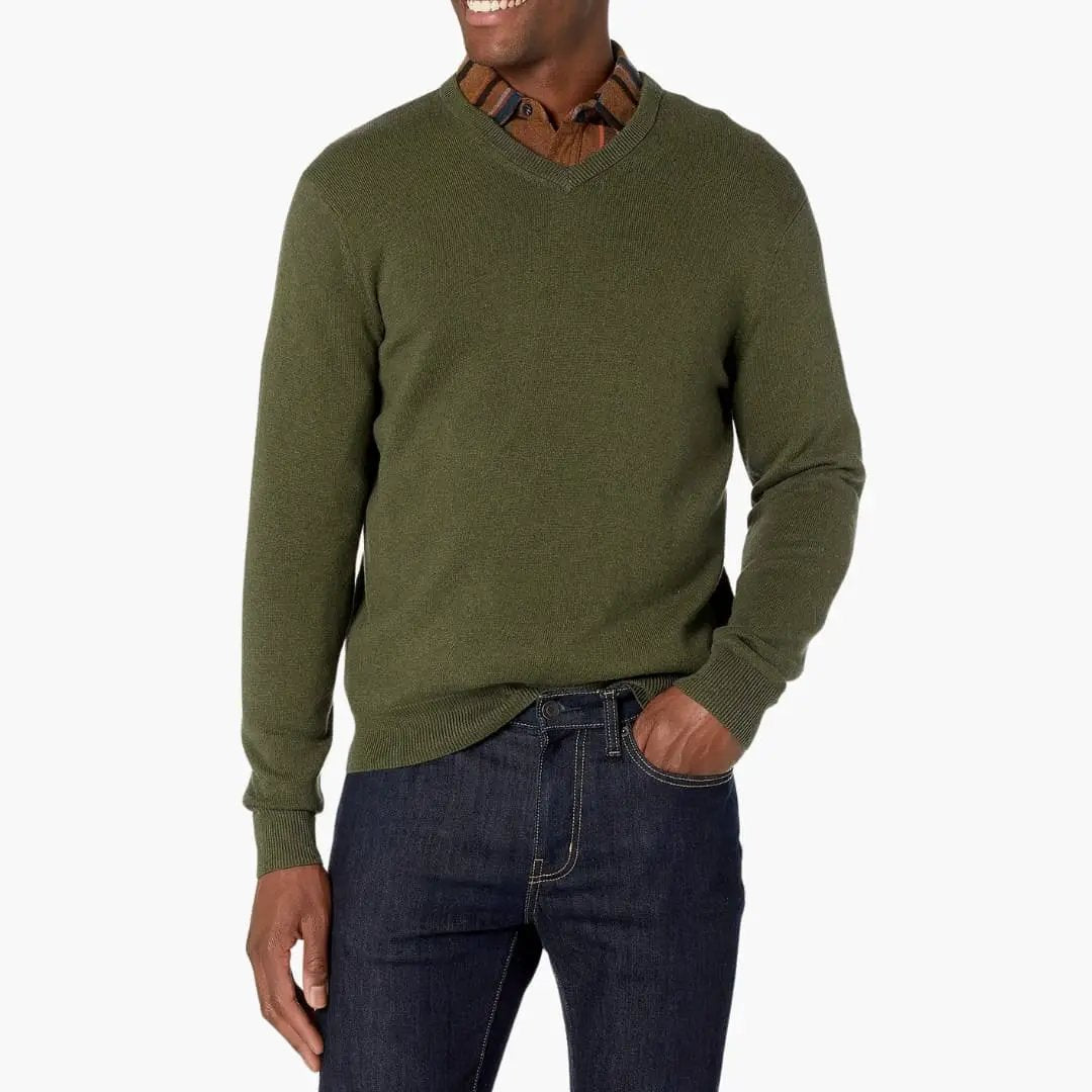Men's V-neck knitted sweater olive green by Wilfred Smith, long sleeves