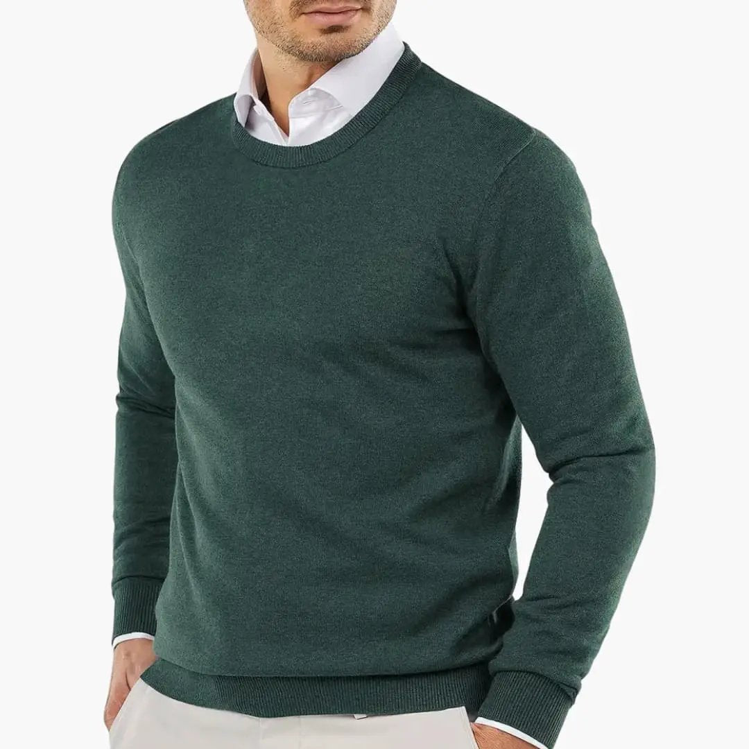 Men's dark green knitted pullover sweater with crew neck and long sleeves by Wilfred Smith