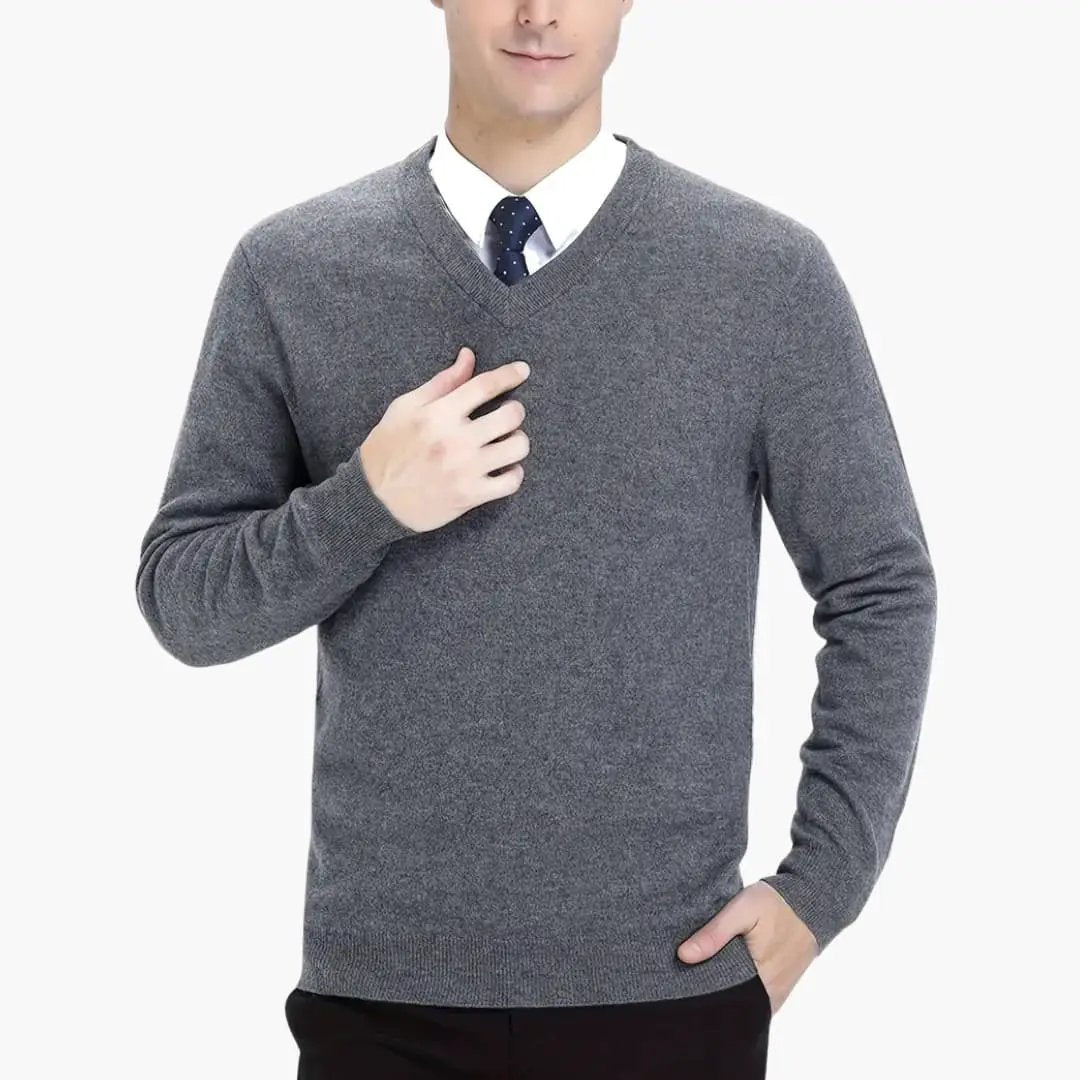 Men's V-neck knitted sweater in gray with long sleeves by Wilfred Smith