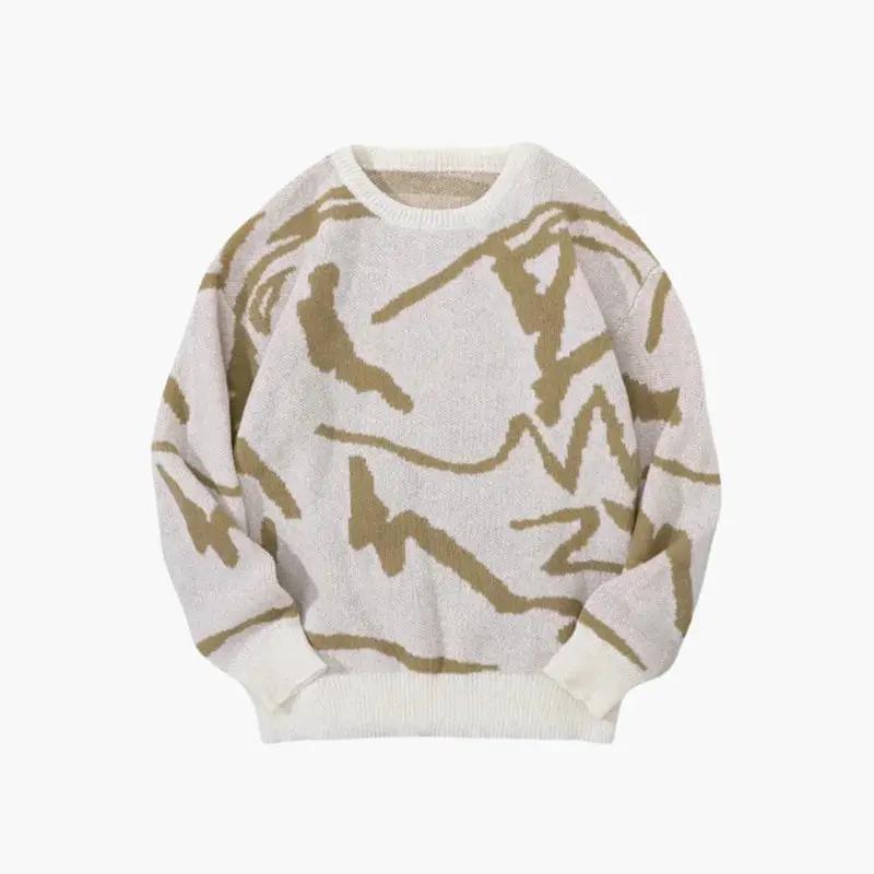 Men's sweater with abstract tan pattern on cream knit, crewneck with ribbed trim by Wilfred Smith