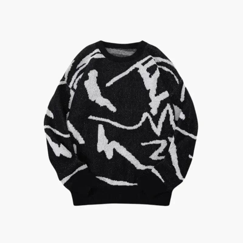 Men's Abstract Pattern Crewneck Sweater with Ribbed Trim in black and white