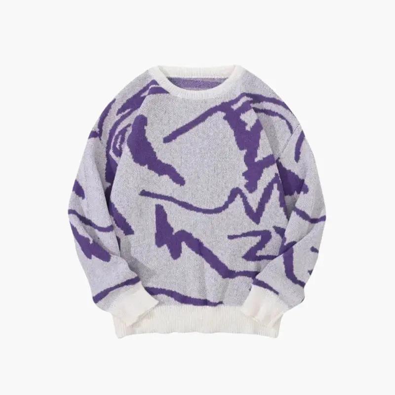Men's crewneck sweater with purple abstract pattern on light gray, Wilfred Smith brand, ribbed trim