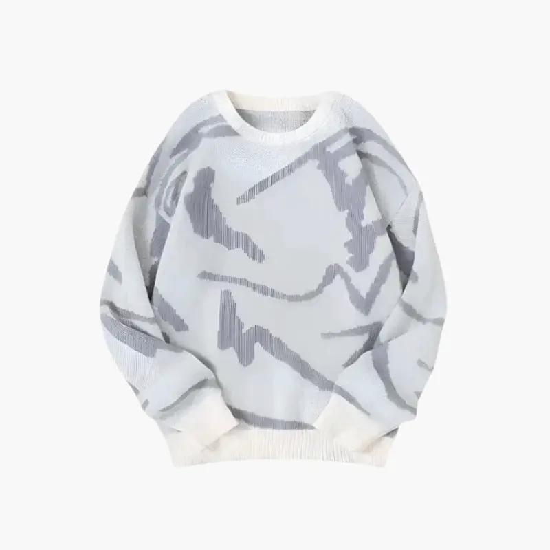 Men's Abstract Pattern Crewneck Sweater in light gray with ribbed trim.